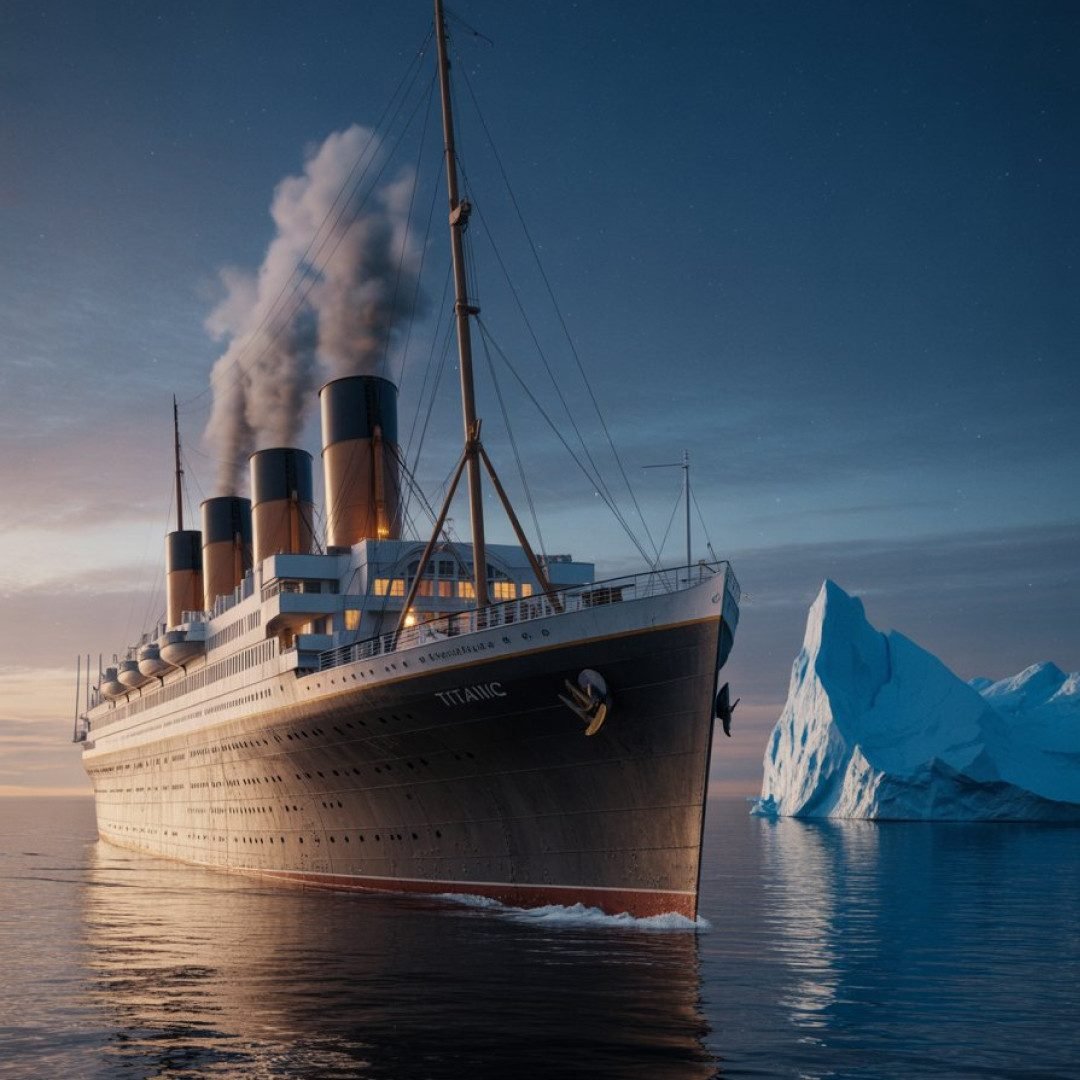 De Titanic vaart in de schemering met rokende schoorstenen langs een grote ijsberg